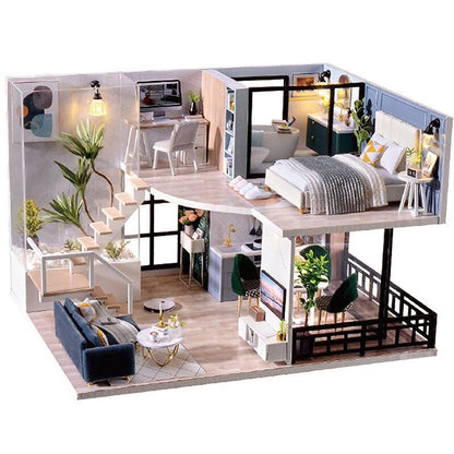 Luxurious Illuminated Wooden Dollhouse Construction Kit - Premium Miniature Home Set