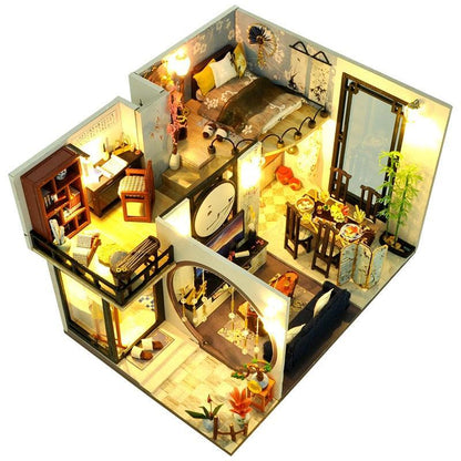 Luxurious Illuminated Wooden Dollhouse Construction Kit - Premium Miniature Home Set