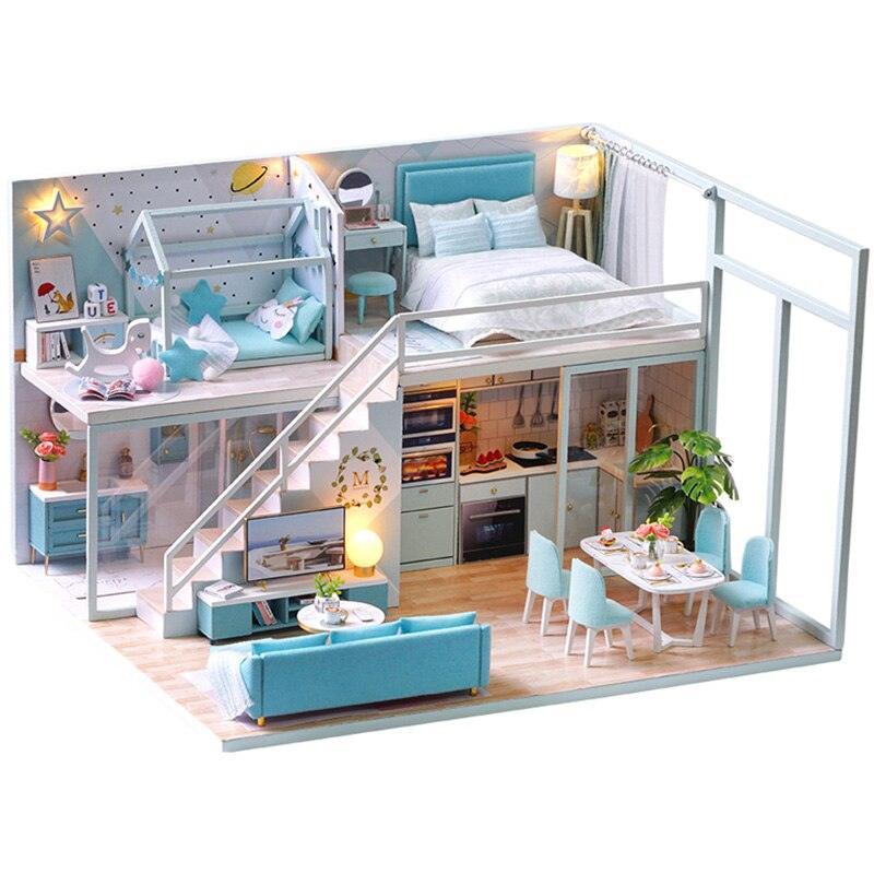 Luxurious Illuminated Wooden Dollhouse Construction Kit - Premium Miniature Home Set