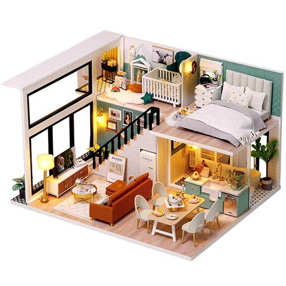 Luxurious Illuminated Wooden Dollhouse Construction Kit - Premium Miniature Home Set