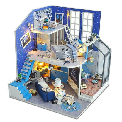 Luxurious Illuminated Wooden Dollhouse Construction Kit - Premium Miniature Home Set