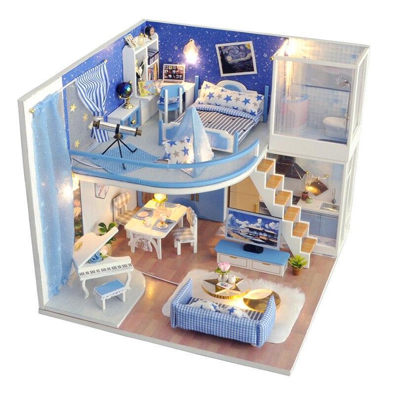 Luxurious Illuminated Wooden Dollhouse Construction Kit - Premium Miniature Home Set