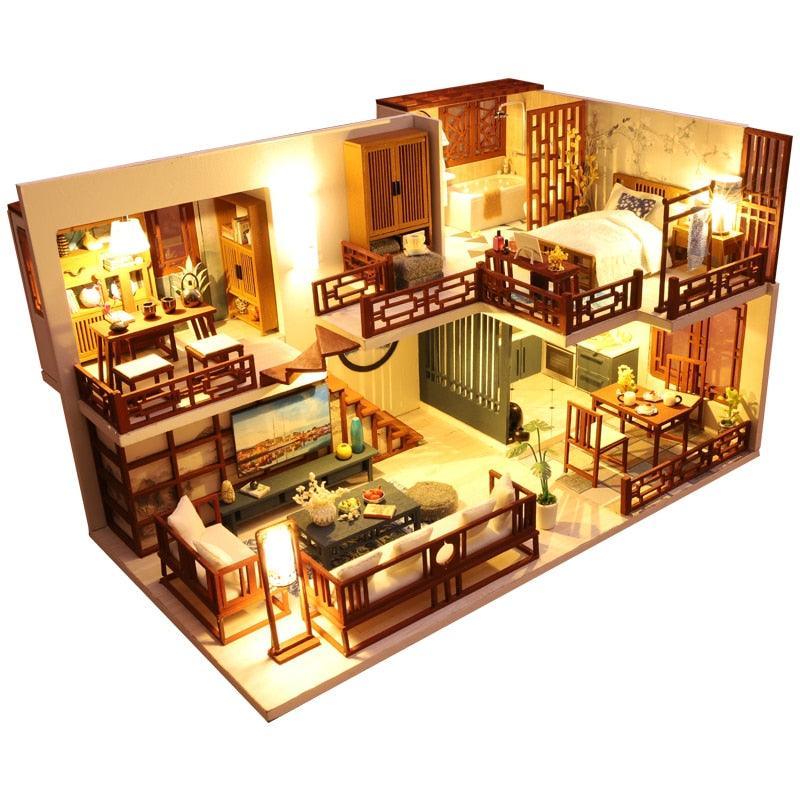 Luxurious Illuminated Wooden Dollhouse Construction Kit - Premium Miniature Home Set