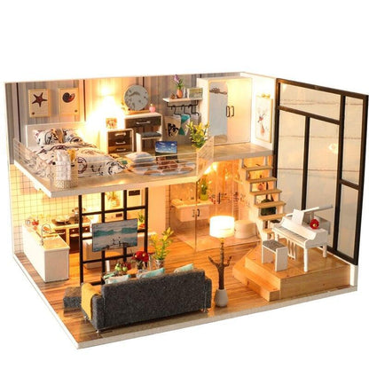 Luxurious Illuminated Wooden Dollhouse Construction Kit - Premium Miniature Home Set