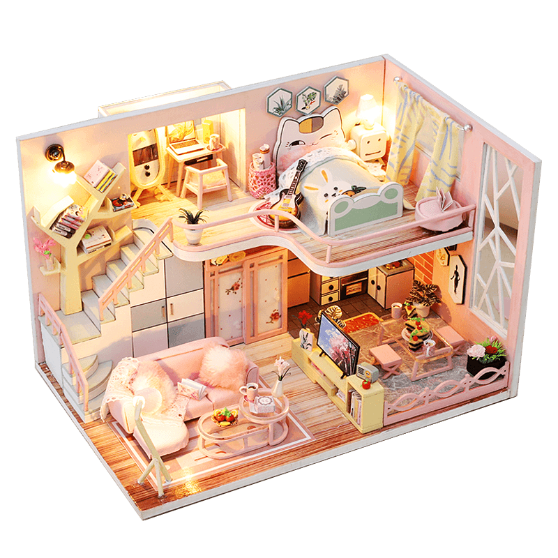 Luxurious Illuminated Wooden Dollhouse Construction Kit - Premium Miniature Home Set