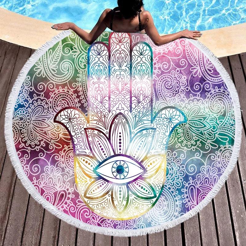 Bohemian Chic Round Microfiber Towel with Tassels - 150CM Luxe Beach Accessory