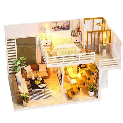 Luxurious Illuminated Wooden Dollhouse Construction Kit - Premium Miniature Home Set