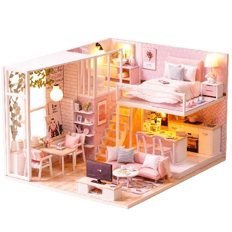 Luxurious Illuminated Wooden Dollhouse Construction Kit - Premium Miniature Home Set