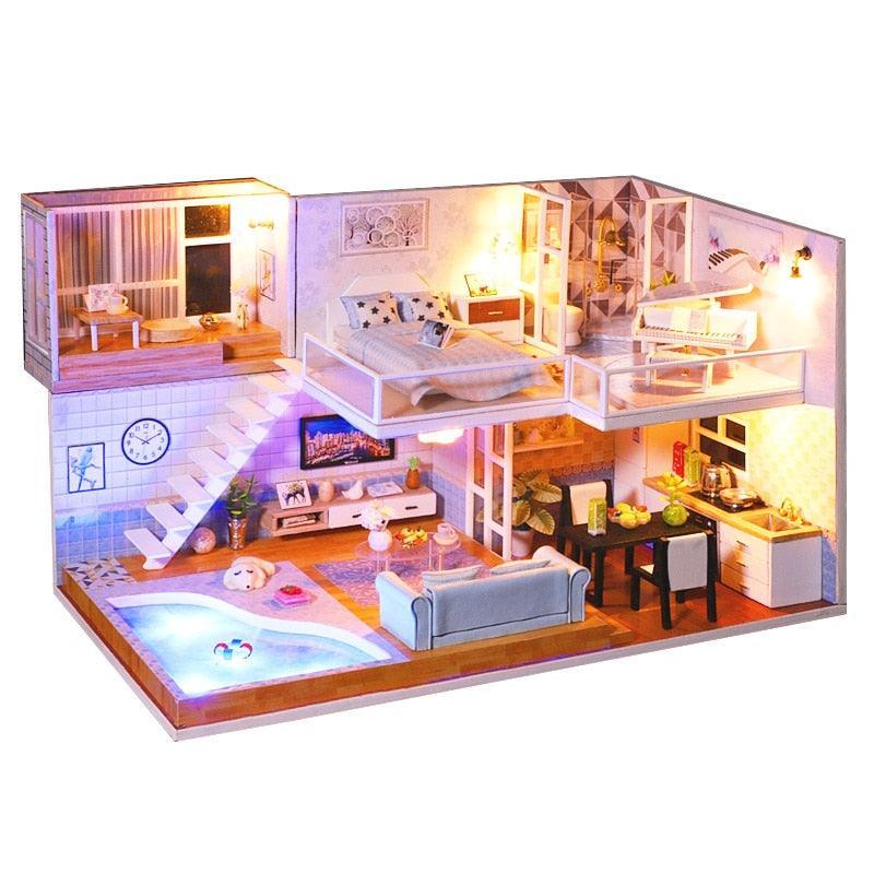 Luxurious Illuminated Wooden Dollhouse Construction Kit - Premium Miniature Home Set