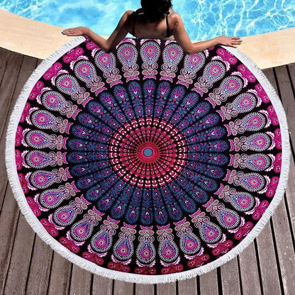 Bohemian Chic Round Microfiber Towel with Tassels - 150CM Luxe Beach Accessory