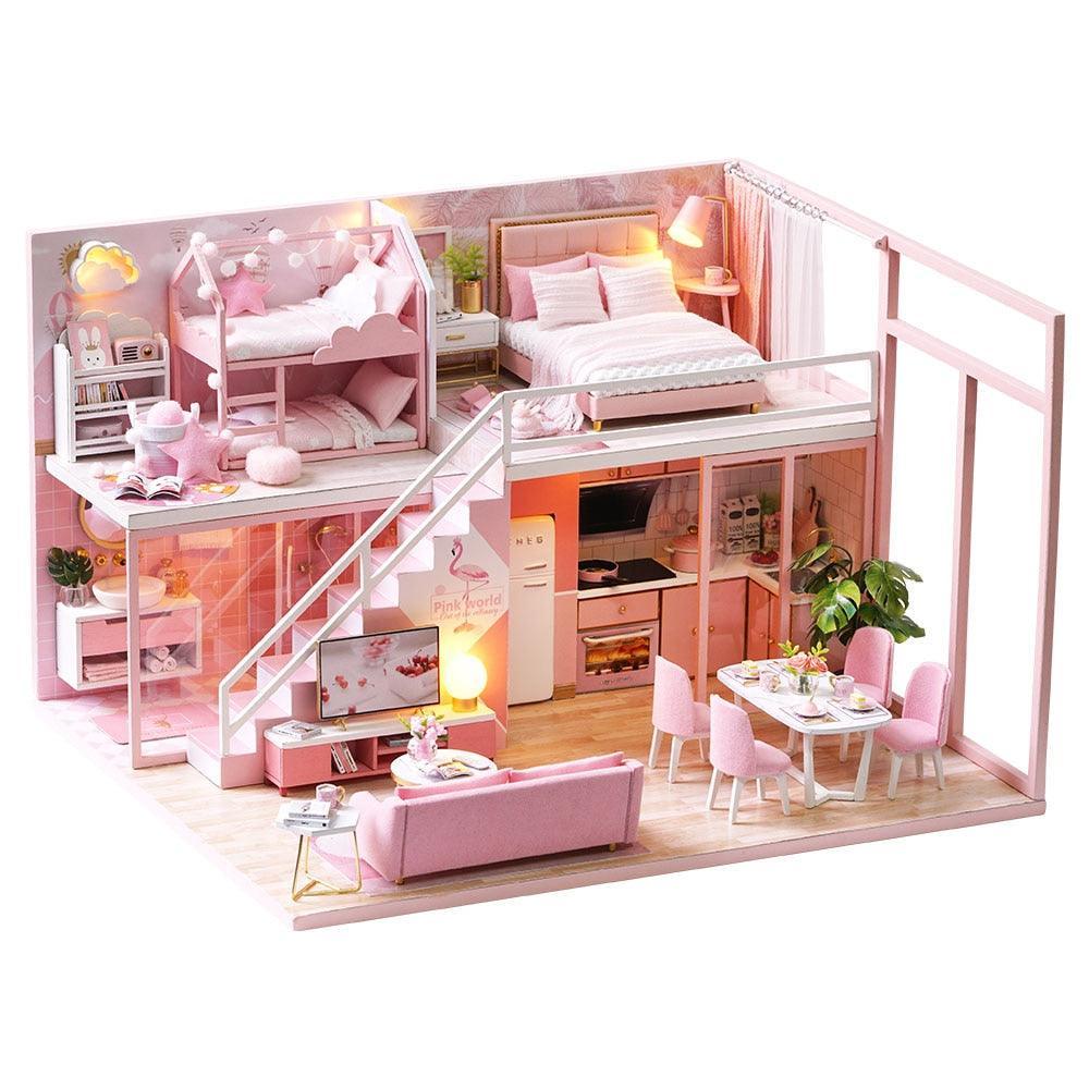 Luxurious Illuminated Wooden Dollhouse Construction Kit - Premium Miniature Home Set