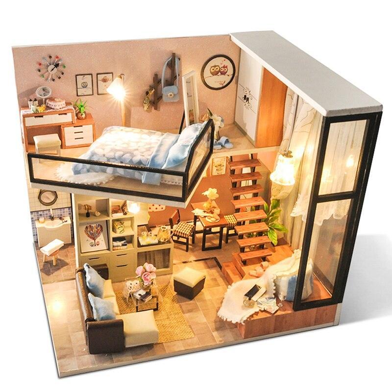 Luxurious Illuminated Wooden Dollhouse Construction Kit - Premium Miniature Home Set