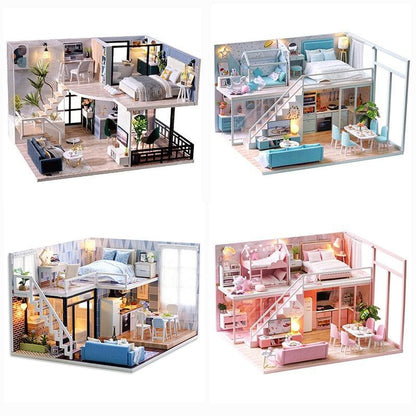 Luxurious Illuminated Wooden Dollhouse Construction Kit - Premium Miniature Home Set