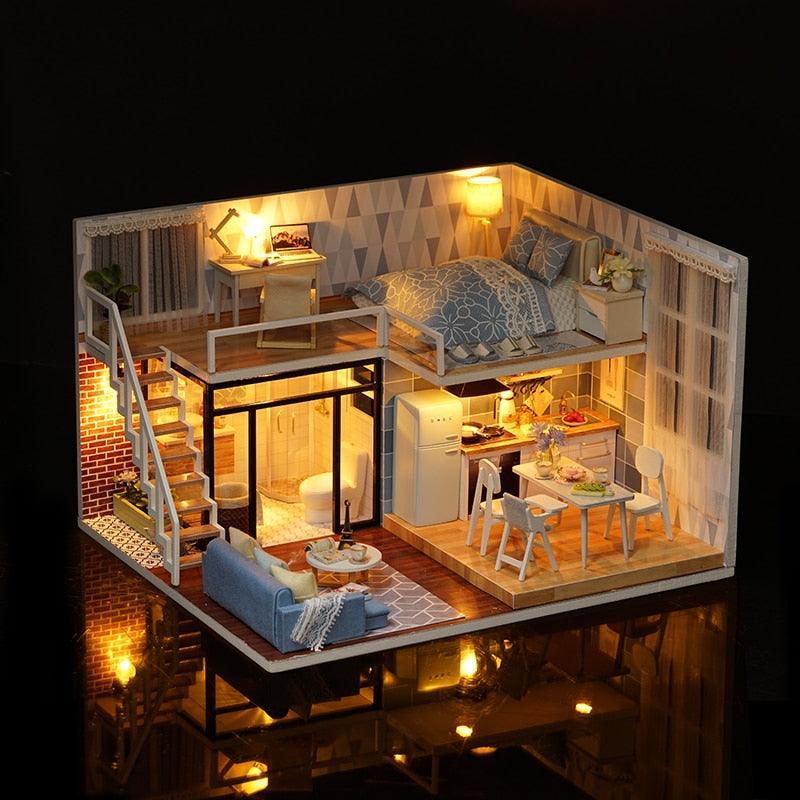 Luxurious Illuminated Wooden Dollhouse Construction Kit - Premium Miniature Home Set